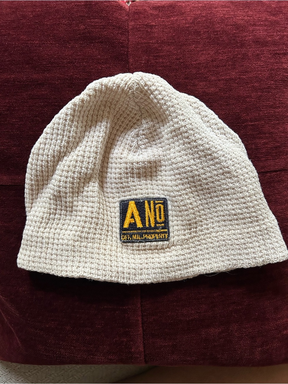 Old Navy Y2K Kids Cream Waffle Knit Beanie Cap with Yellow Patch Boys Unisex